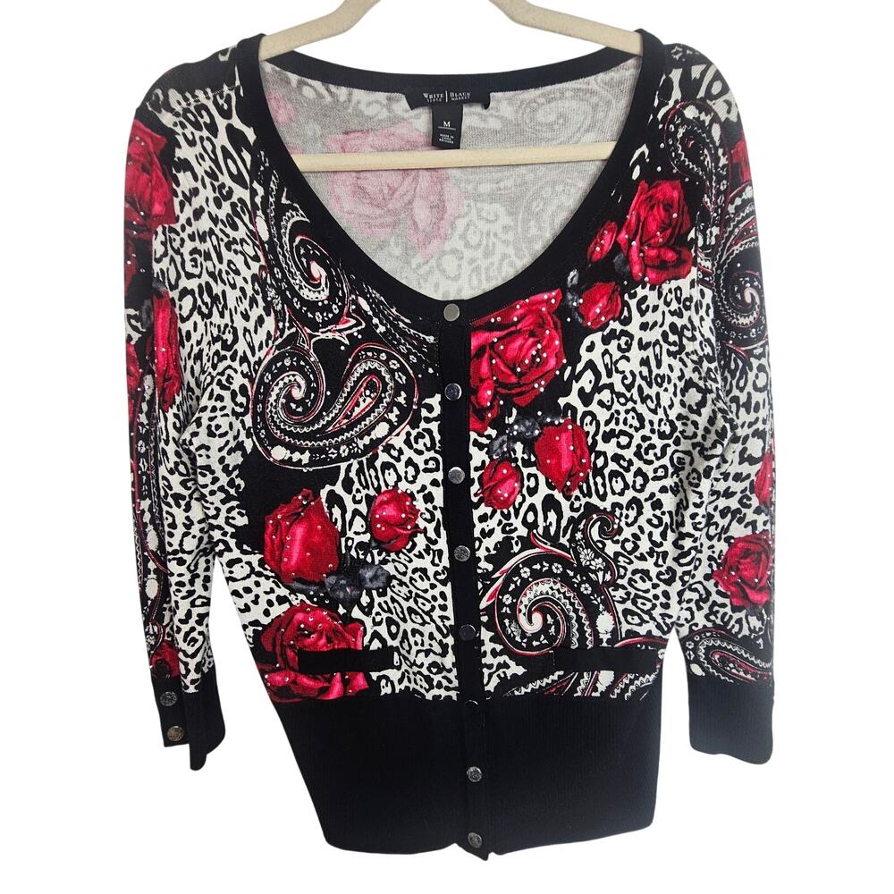 White House Black Market Womens Floral Leopard Cardigan Sweater Sz M Rhinestone